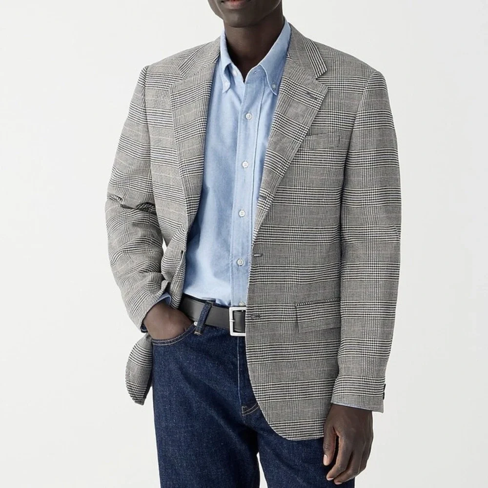J.Crew Grey Kenmare Relaxed-fit Checkered blazer in cotton-linen blend Sz 40L